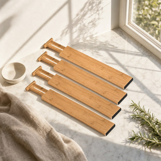 Four adjustable bamboo drawer dividers on a sunlit marble counter