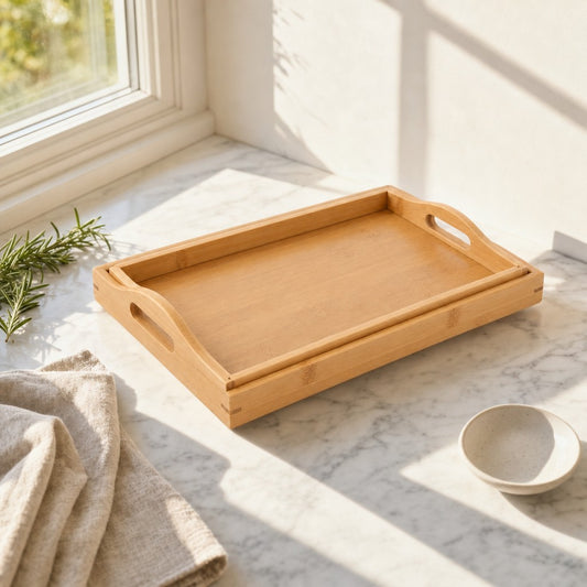 Rectangular bamboo serving tray on a sunlit marble counter