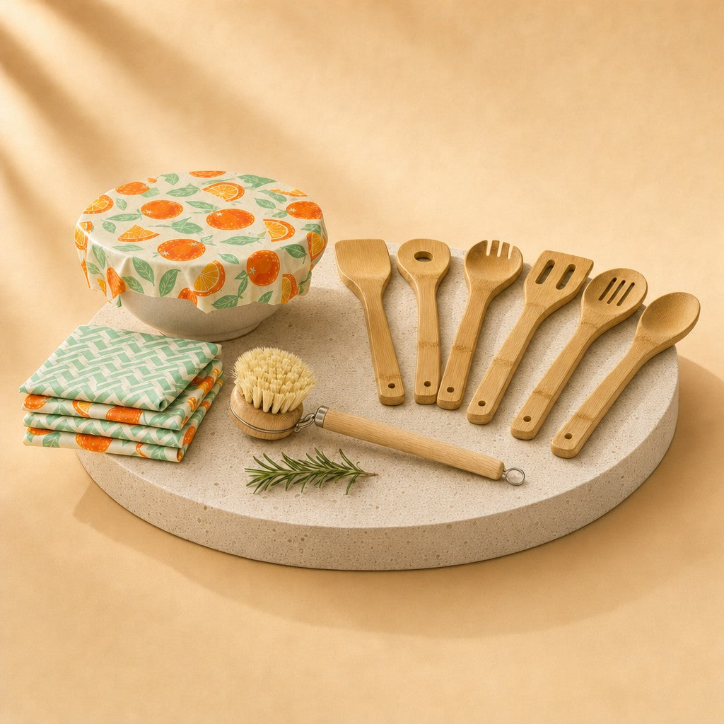 Kitchen swap kit with bamboo utensils, dish brush and beeswax wraps on a stone pedestal