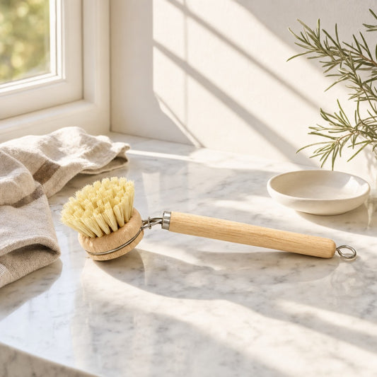 Natural dish brush with wooden handle on a sunlit marble counter
