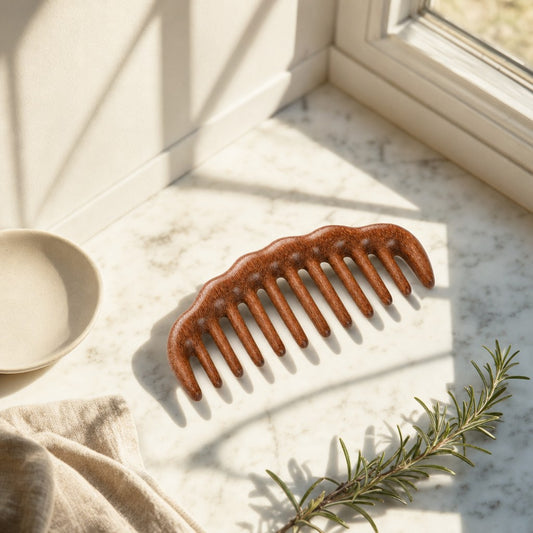 Sandalwood wide-tooth comb on a sunlit marble counter