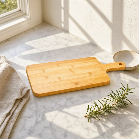Bamboo cutting board with handle on a sunlit marble counter