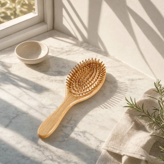 Bamboo paddle hairbrush on a sunlit marble counter