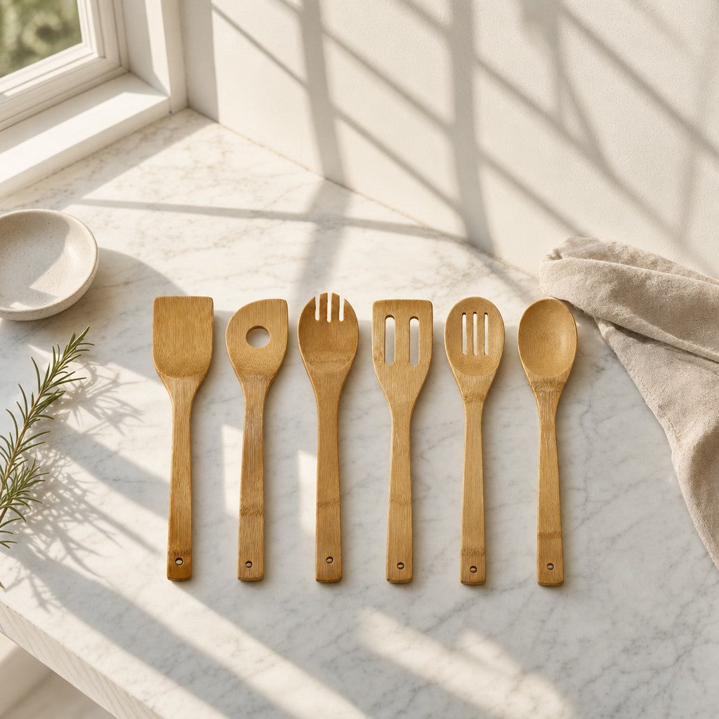 Six bamboo cooking utensils on a sunlit marble counter