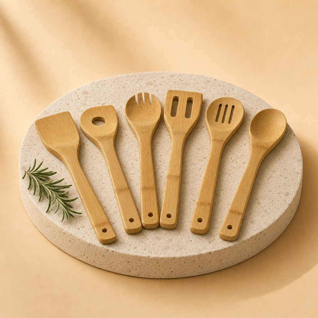 Six bamboo cooking utensils on a stone pedestal