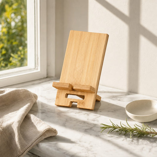 Bamboo phone stand on a sunlit marble counter