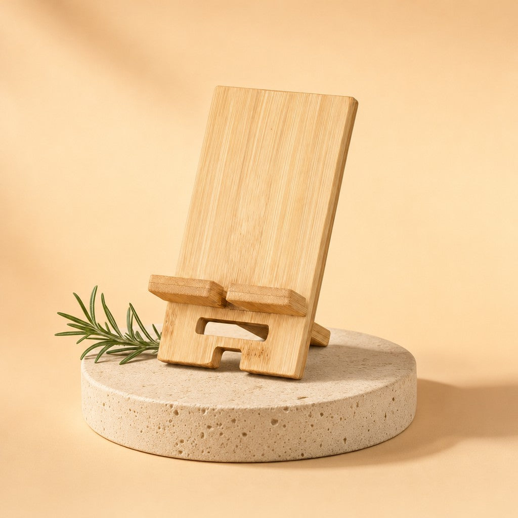 Bamboo phone stand on a stone pedestal