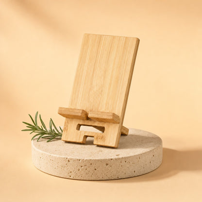 Bamboo phone stand on a stone pedestal