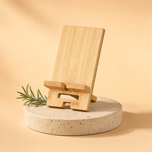 Bamboo phone stand on a stone pedestal