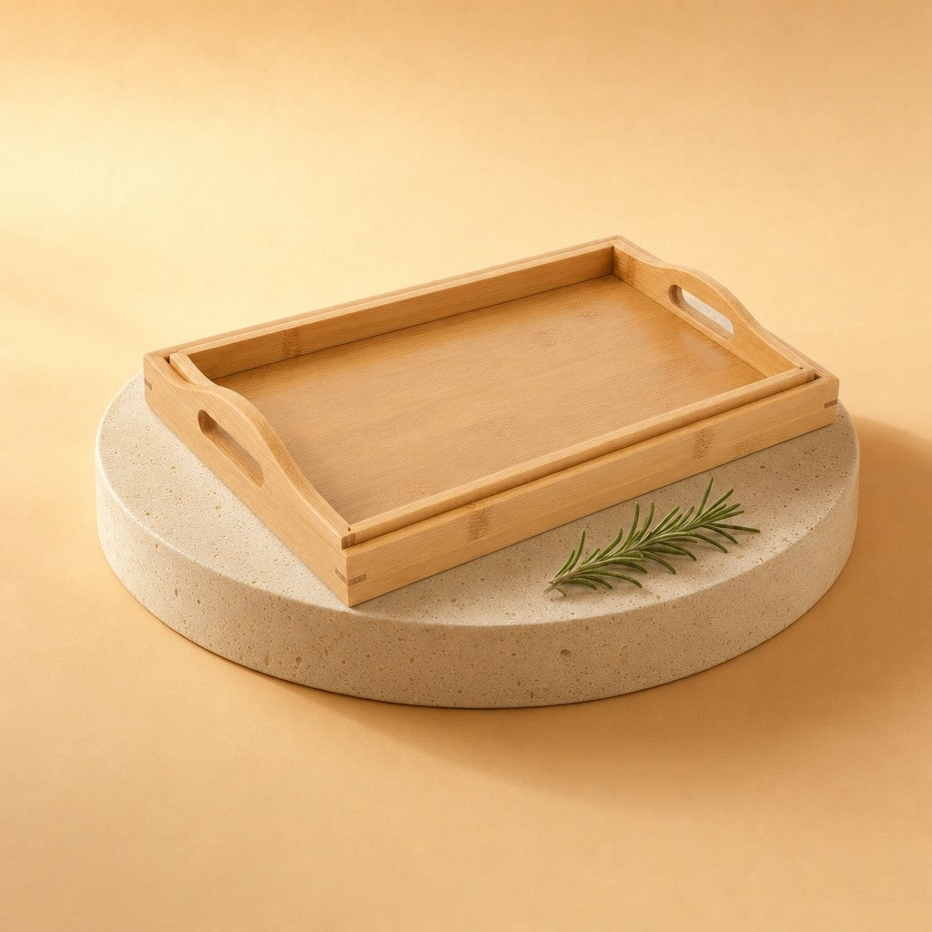 Rectangular bamboo serving tray on a stone pedestal