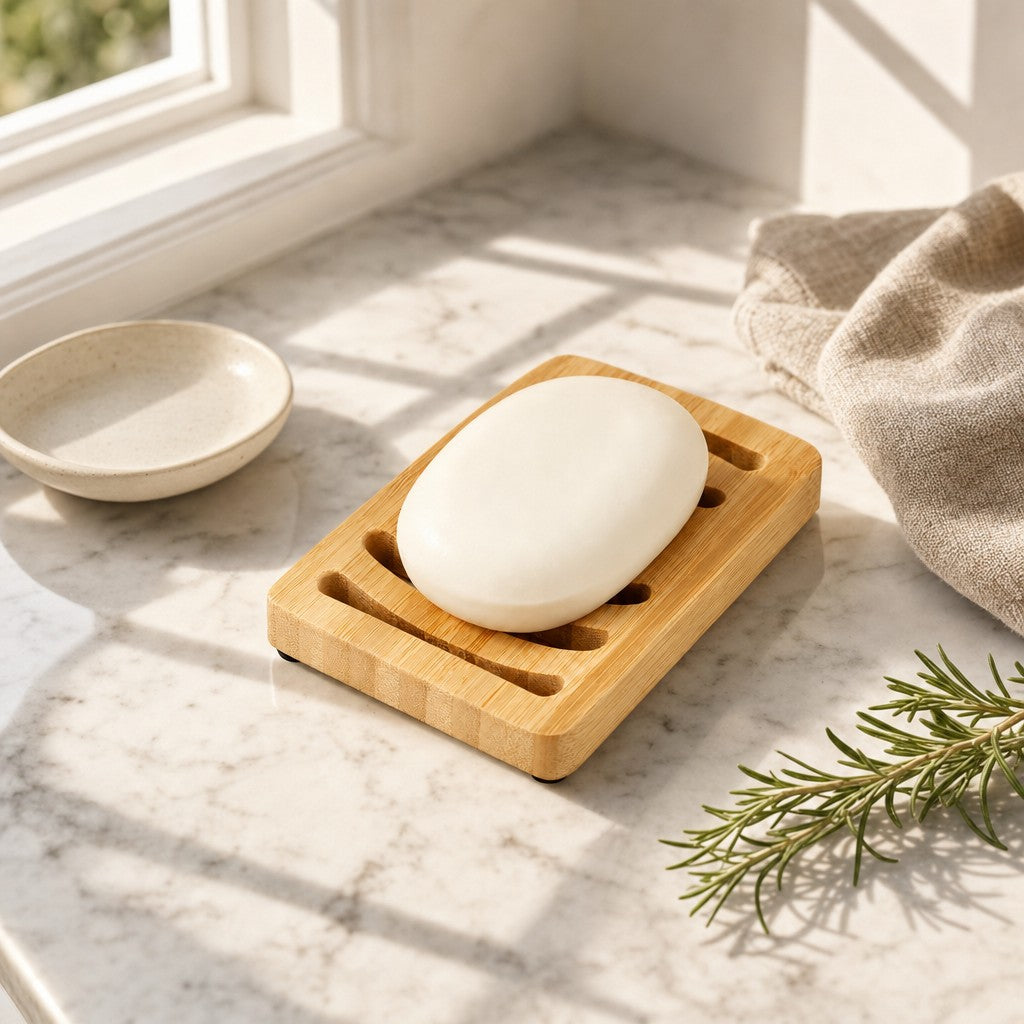 Bamboo soap dish with a bar of soap on a sunlit marble counter