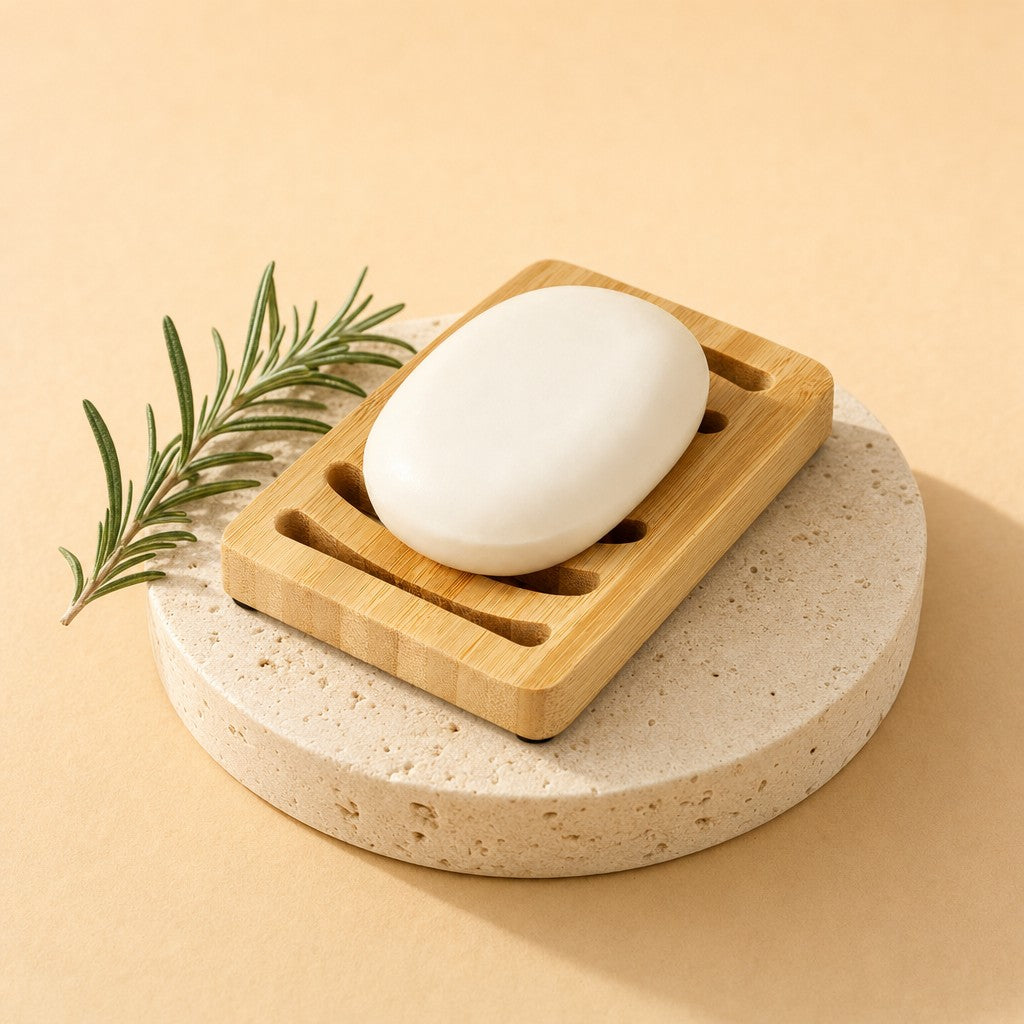 Bamboo soap dish with a bar of soap on a stone pedestal