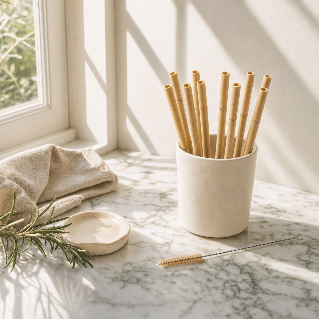 Bamboo straws in a ceramic cup with a cleaning brush on a sunlit marble counter