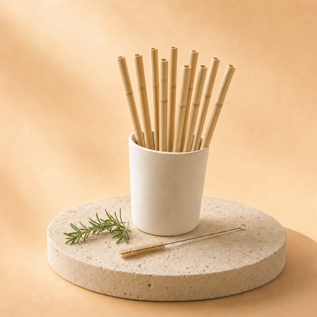 Bamboo straws in a ceramic cup with a cleaning brush on a stone pedestal