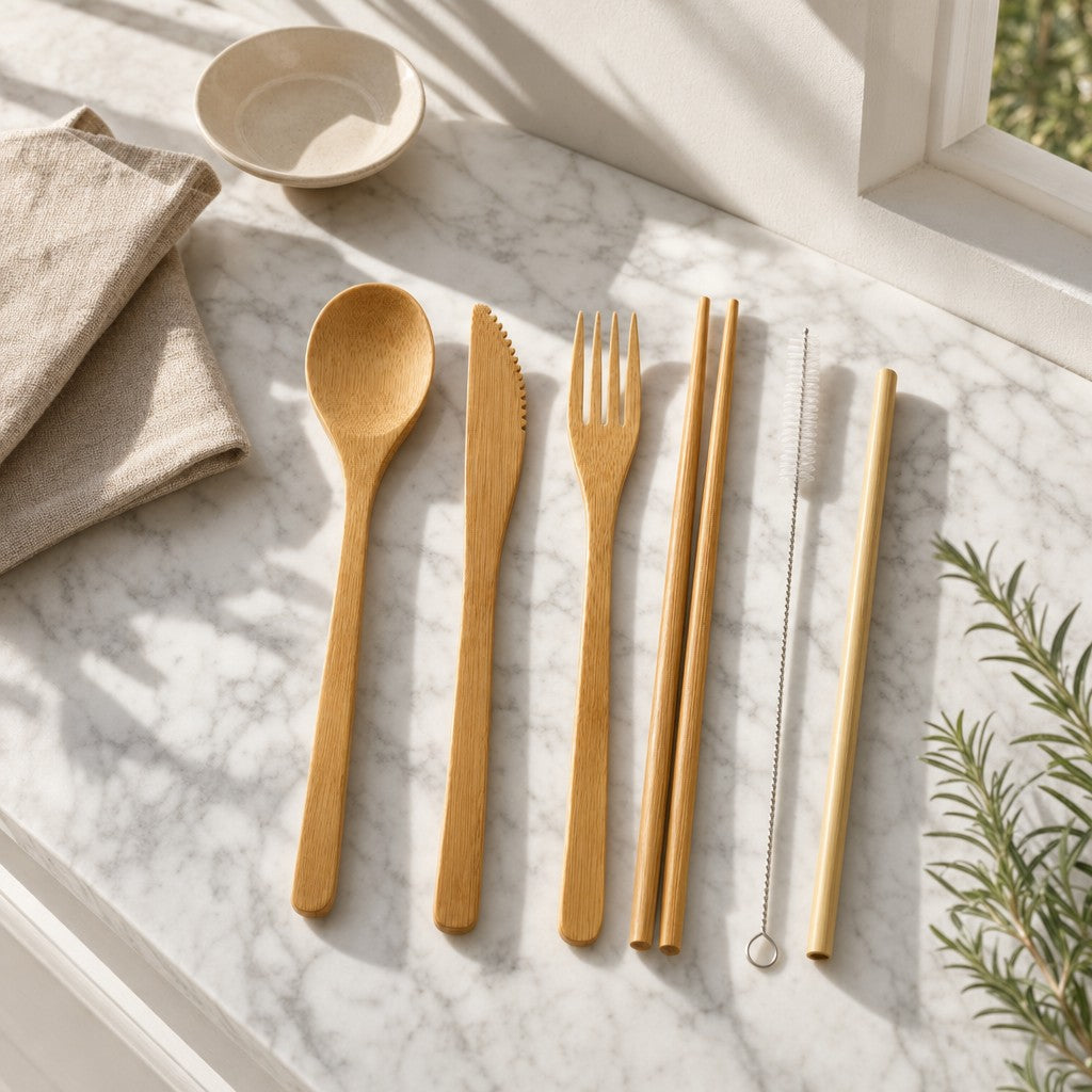Bamboo travel cutlery set on a sunlit marble counter