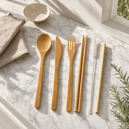 Bamboo travel cutlery set on a sunlit marble counter