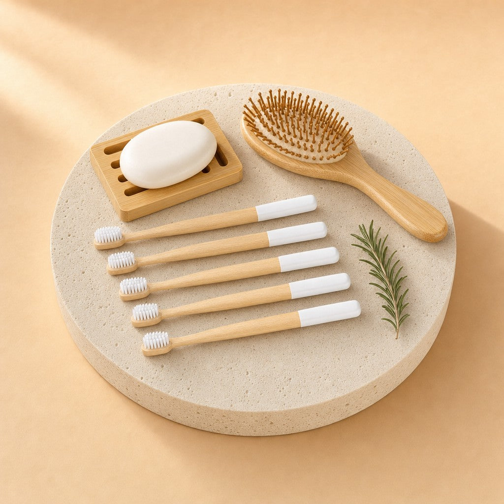 Bathroom essentials kit with bamboo toothbrushes, soap dish and hairbrush on a stone pedestal