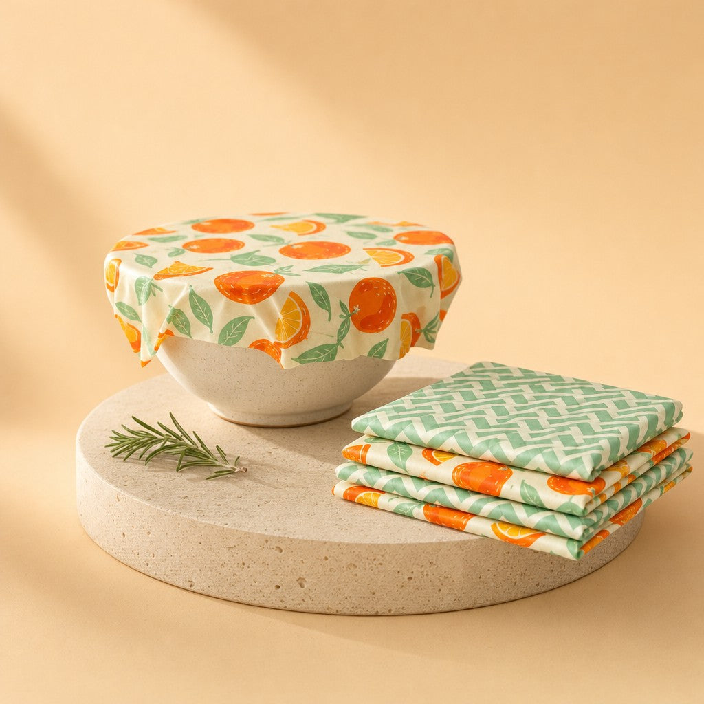 Beeswax food wraps covering a bowl and folded in a stack on a stone pedestal