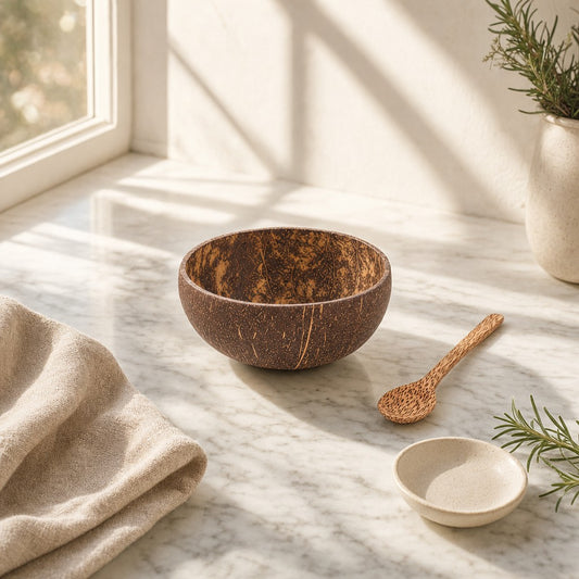 Coconut shell bowl with wooden spoon on a sunlit marble counter