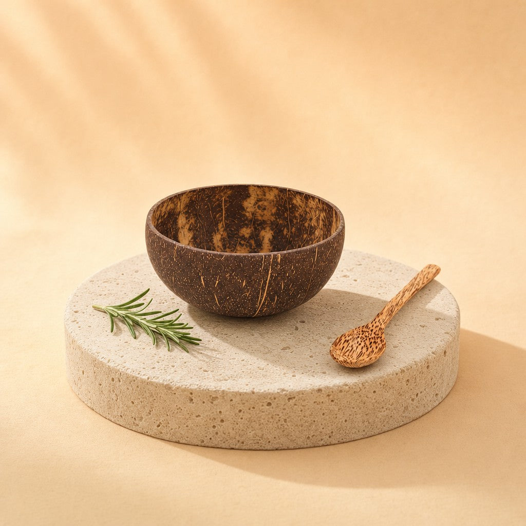 Coconut shell bowl with wooden spoon on a stone pedestal