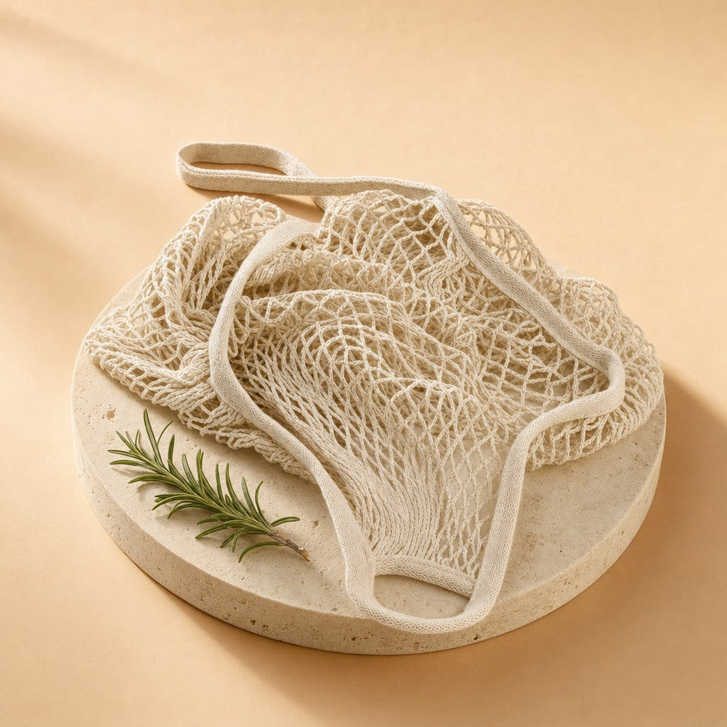 Natural cotton mesh market bag on a stone pedestal