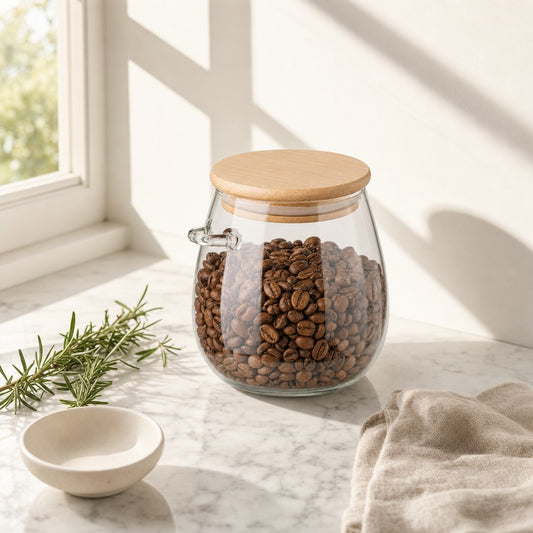 Glass storage jar with bamboo lid filled with coffee beans on a sunlit marble counter