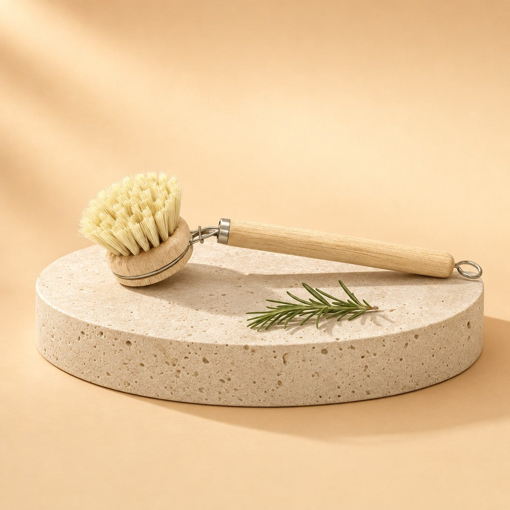 Natural dish brush with wooden handle on a stone pedestal