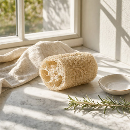 Natural loofah sponge on a sunlit marble counter