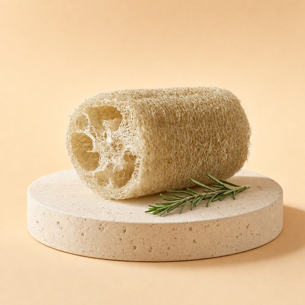 Natural loofah sponge on a stone pedestal