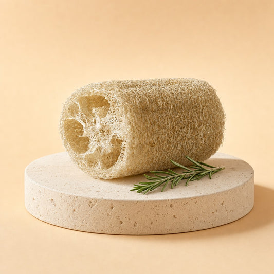 Natural loofah sponge on a stone pedestal