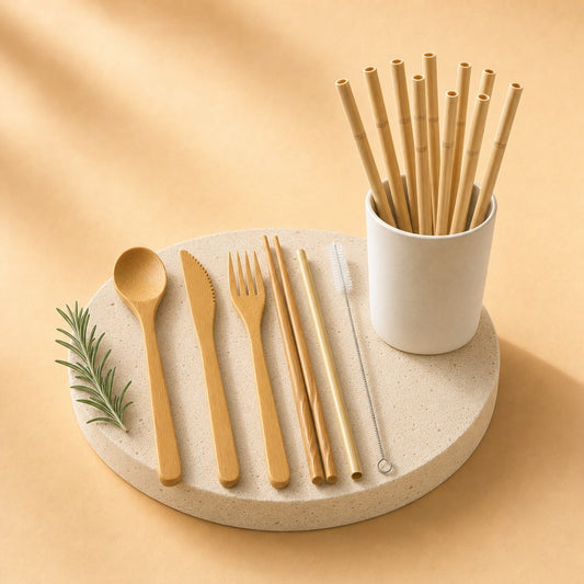 On-the-go kit with bamboo cutlery set and bamboo straws on a stone pedestal