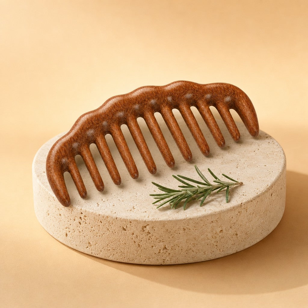 Sandalwood wide-tooth comb on a stone pedestal